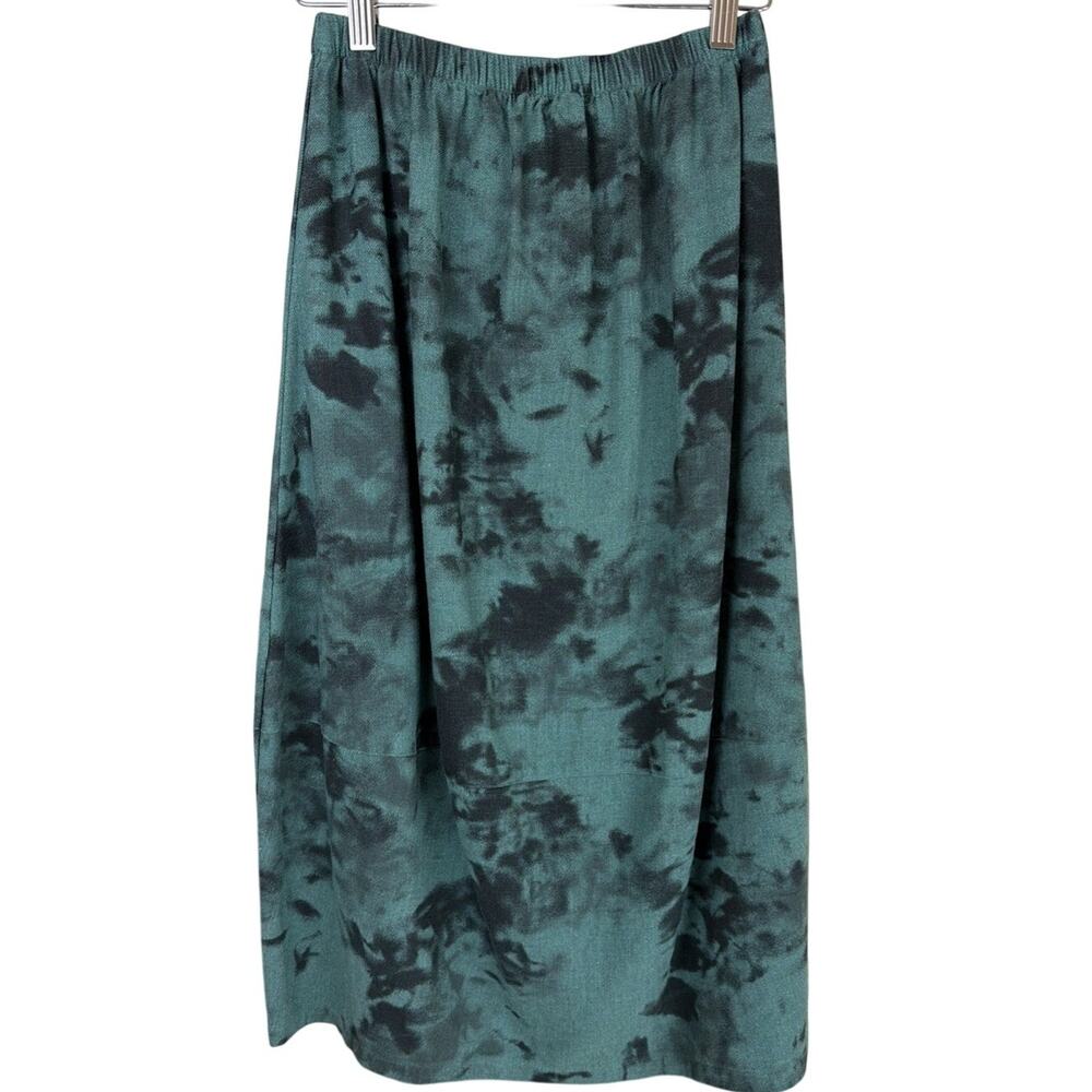 NWT Kleen Green Black Pattern Linen Blend Elastic Waist Midi Skirt Medium